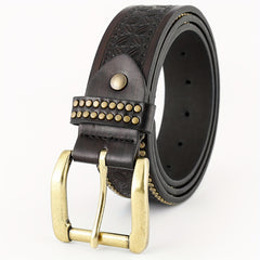  Vintage Rivet Belt Square Pin Buckle Flower Embossed PU Belt