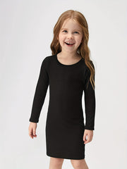 Little Girls Long Sleeve Solid Casual T Shirt Dress Stretchy Comfy Fit