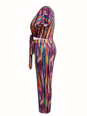  Striped Short Sleeve Crop Top & Pants Outfits Set