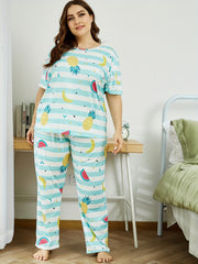  Striped & Fruit Print Pajama Set Short Sleeve T shirt & Pants