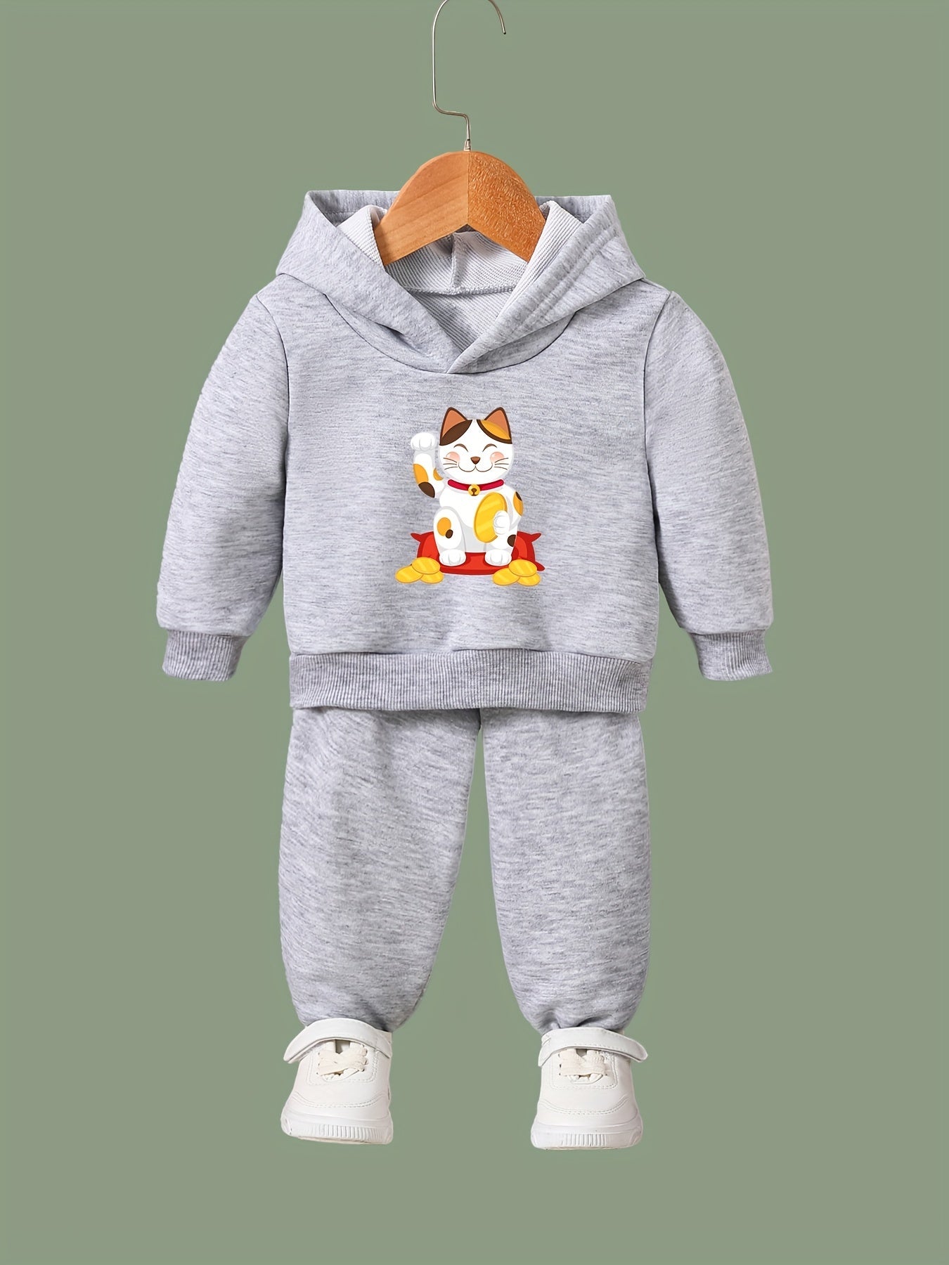 Kids Cartoon Cat Hoodie & Pants Set - Sporty Girl's Outfit