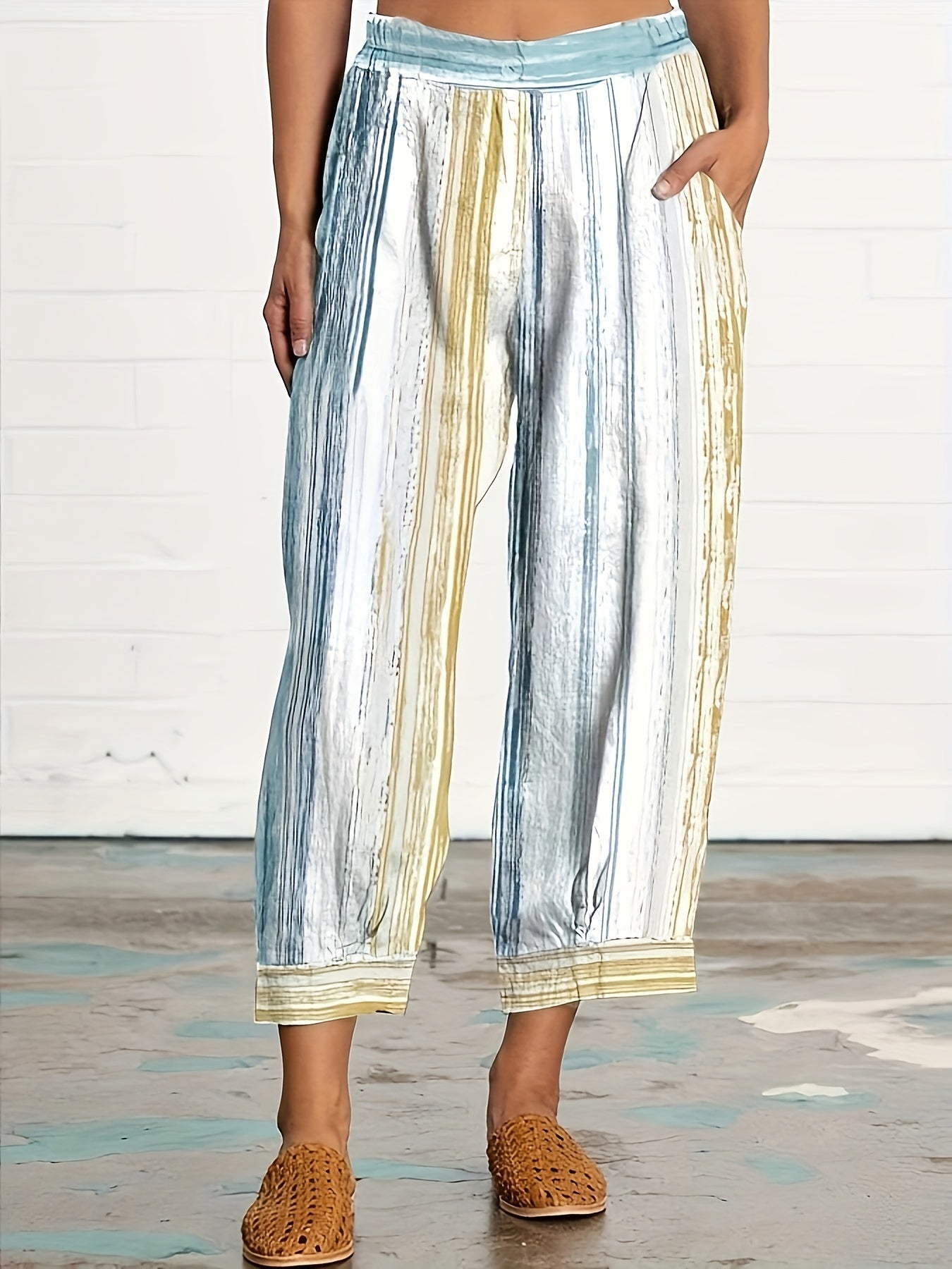  Striped High Rise Wide Leg Crop Pants With Pockets