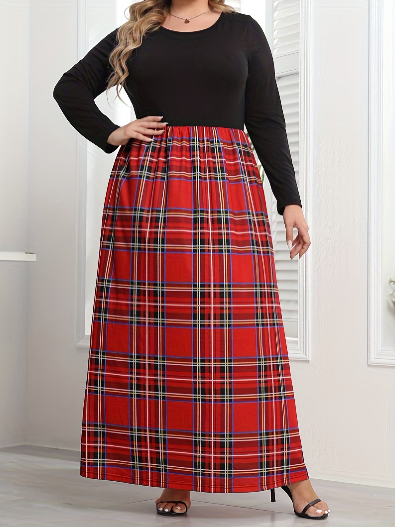  Colorblock Plaid Print Maxi Dress with Pockets