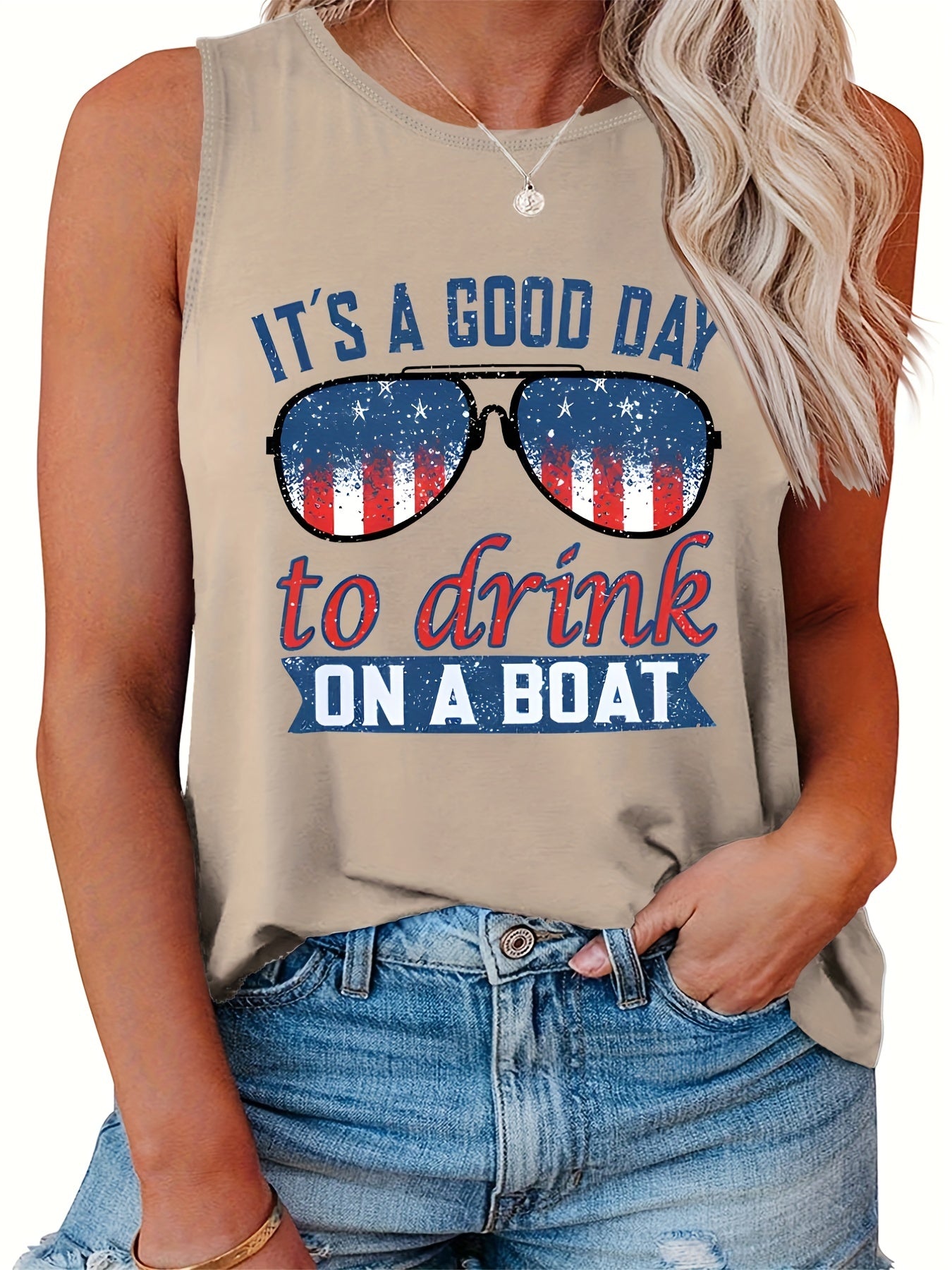  Casual Tank Top Women's Plus Flag Pattern Glasses & Slogan Print
