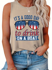 Casual Tank Top Women's Plus Flag Pattern Glasses & Slogan Print