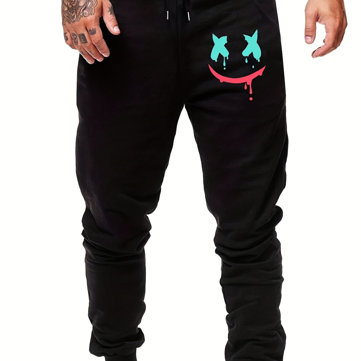Smile Expression Print Men's Drawstring Sweatpants Loose Casual Jogger Pants