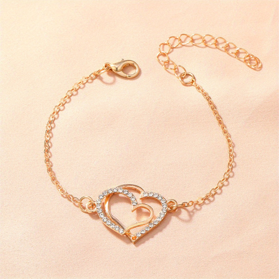 Golden Double Heart Ladies Bracelet Zircon Inlay Romantic Hand Jewelry Gift