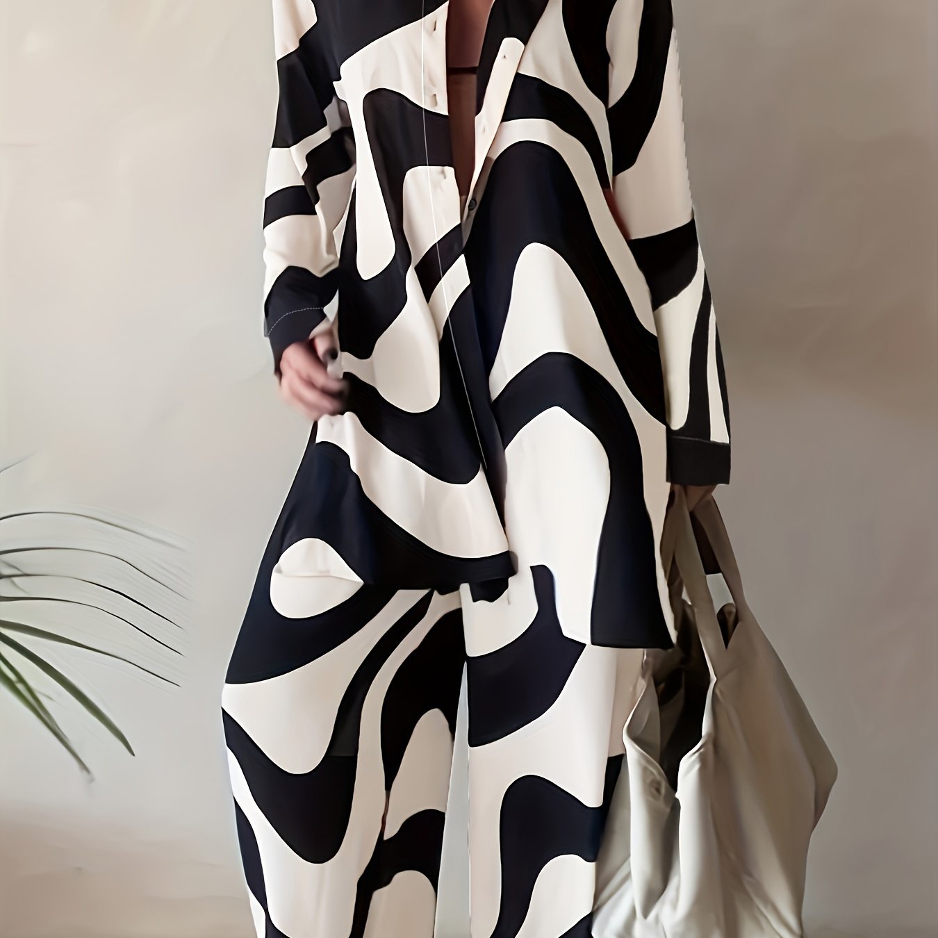 Women's Plus Abstract Stripe Print Long Sleeve Shirt & Pants Set