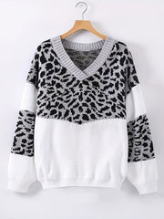  Colorblock Leopard Print V-Neck Sweater
