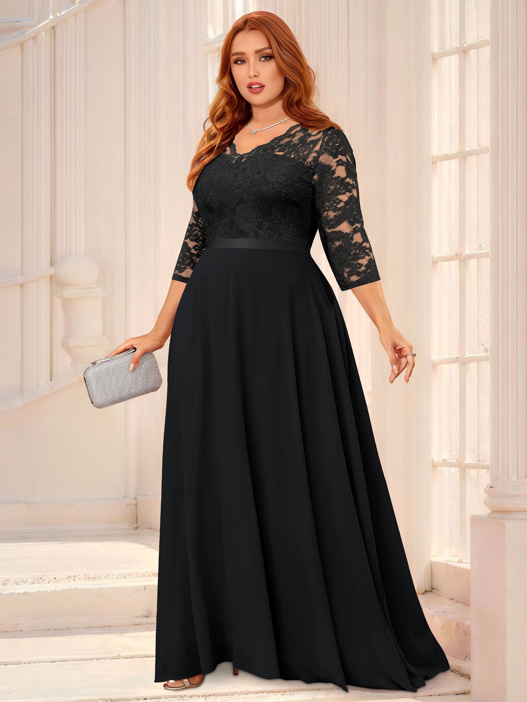  Floral Lace V Neck 3/4 Sleeve Maxi Dress