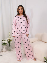  Heart Print Pajama Set - Long Sleeve Tee & Pants