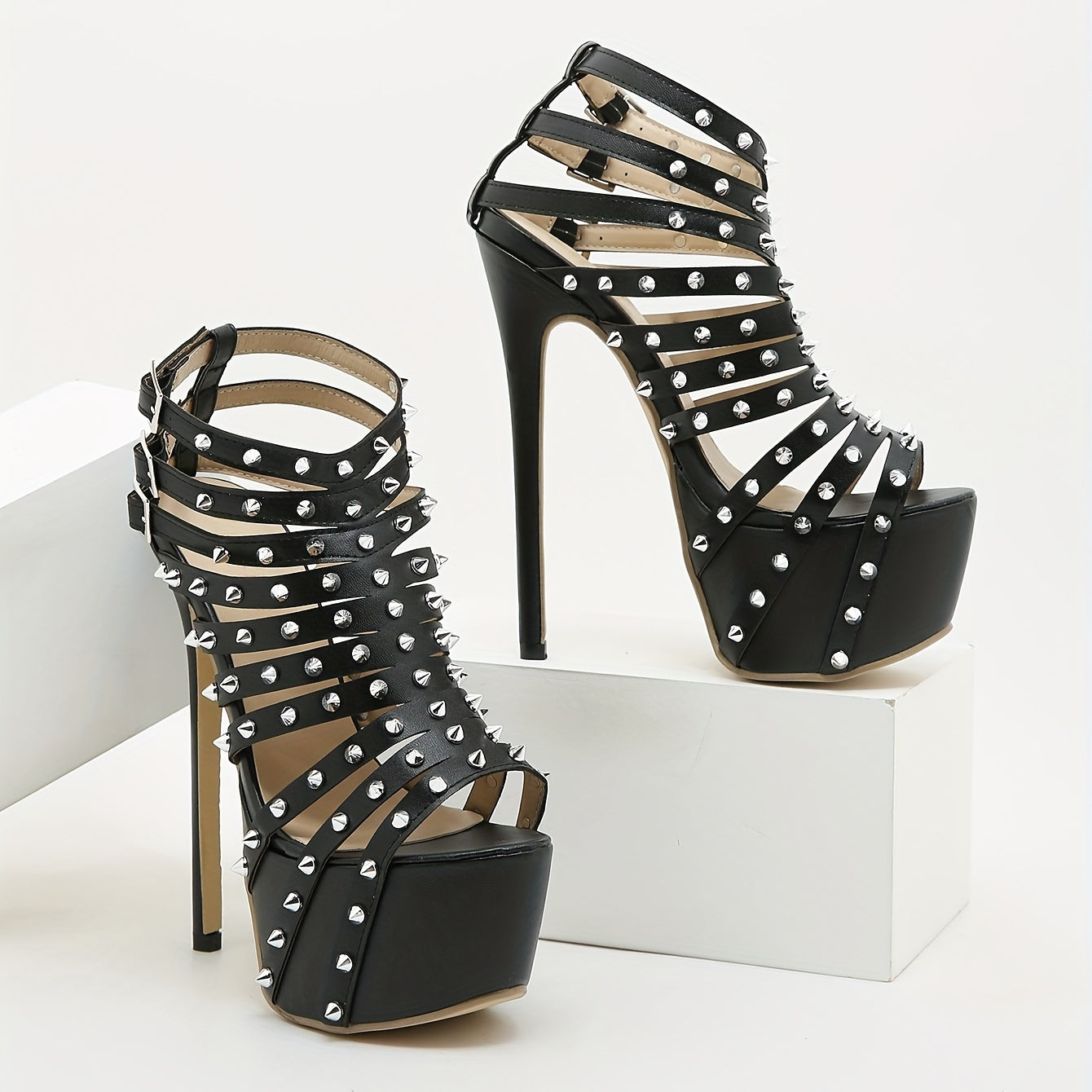 Rivets Stiletto Heels Cutout Buckle Strap Platform Pumps