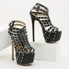 Rivets Stiletto Heels Cutout Buckle Strap Platform Pumps