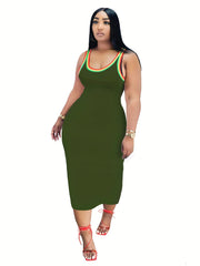  Casual Tank Dress Women's Plus Colorblock Rainbow Trim Round Neck