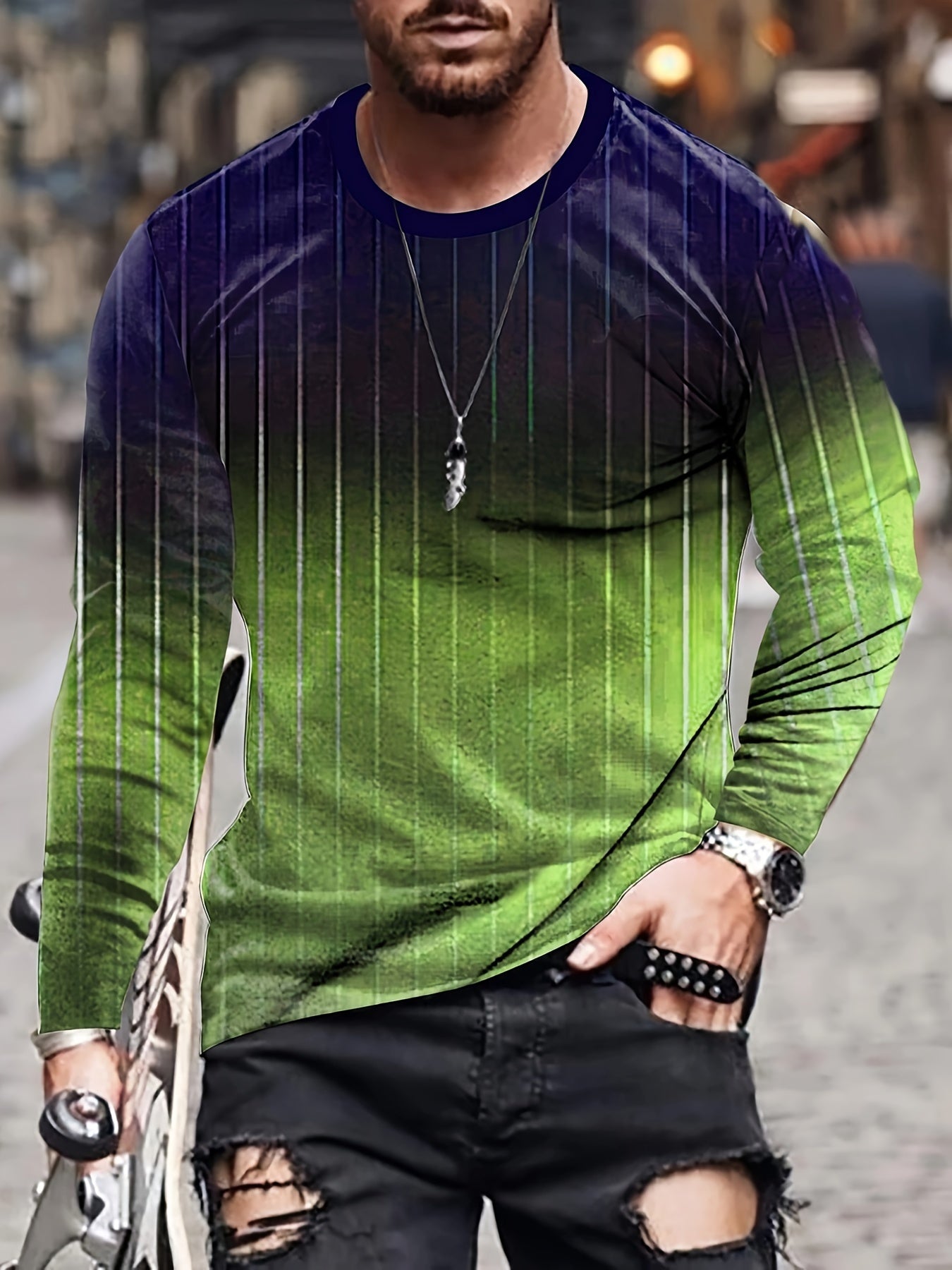 Gradient Men's Stripe Long Sleeve Novelty T shirt for Autumn