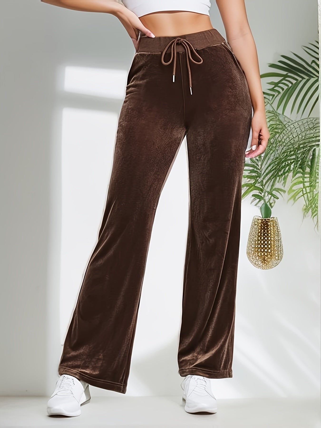 Women's Plus Velvet Drawstring Wide Leg Trousers