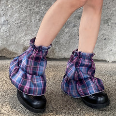 Colorblock Plaid Leg Warmers Ruffle All match Socks Women's Stockings