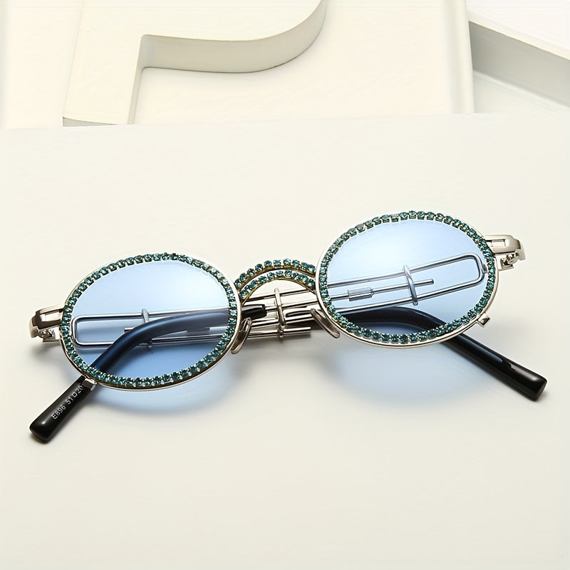 Y2K Tinted Metal Sunglasses Steampunk Rhinestone Hollow Glasses UV400