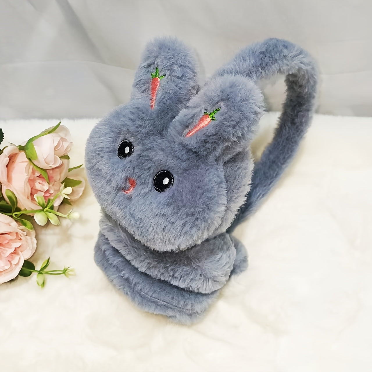 Women's Plush Bunny Ear Warmers Rabbit with Expressive Eyes Soft Stretchable Ear