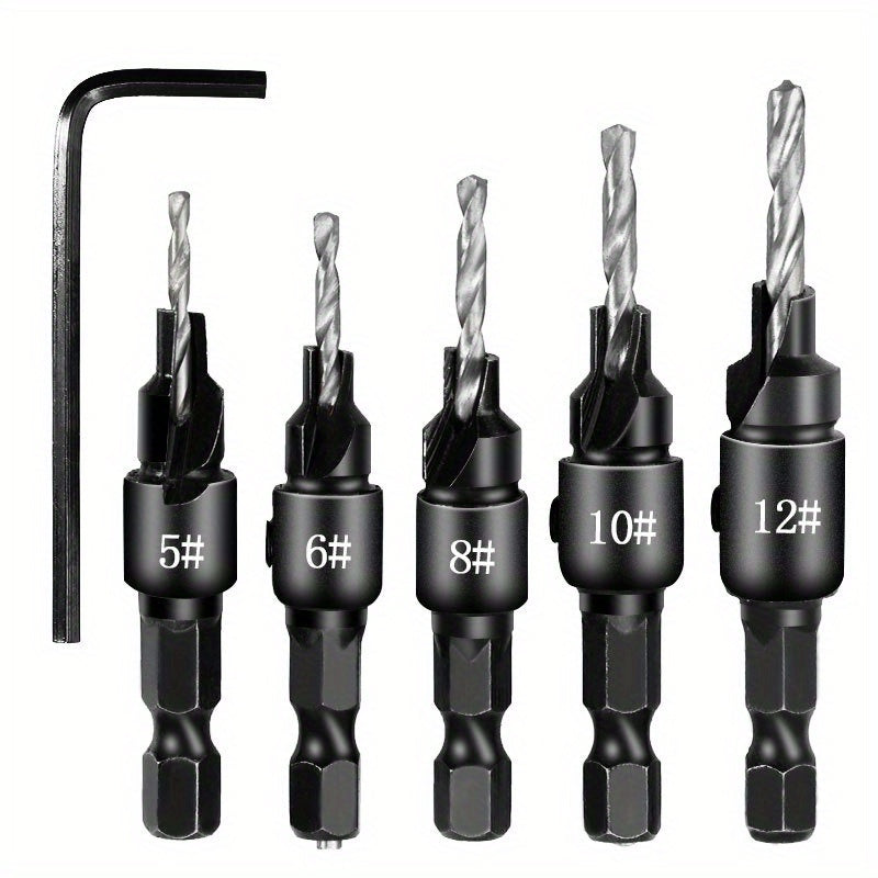 5pcs Woodworking Countersink Drill Bit Set for Pilot Holes 5-12 Size