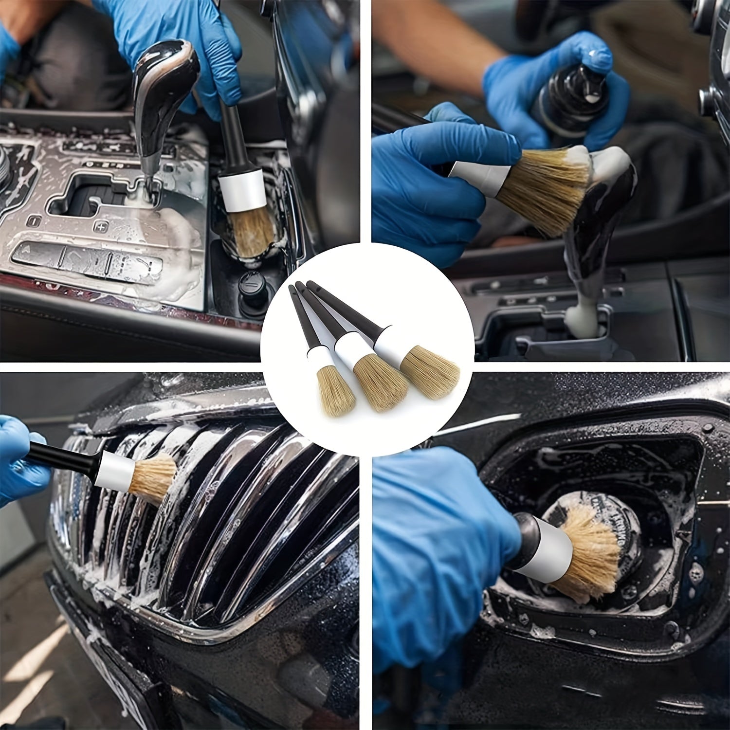3pcs Soft Car Detail Brushes Pig Hair Perfect For Washing Emblems