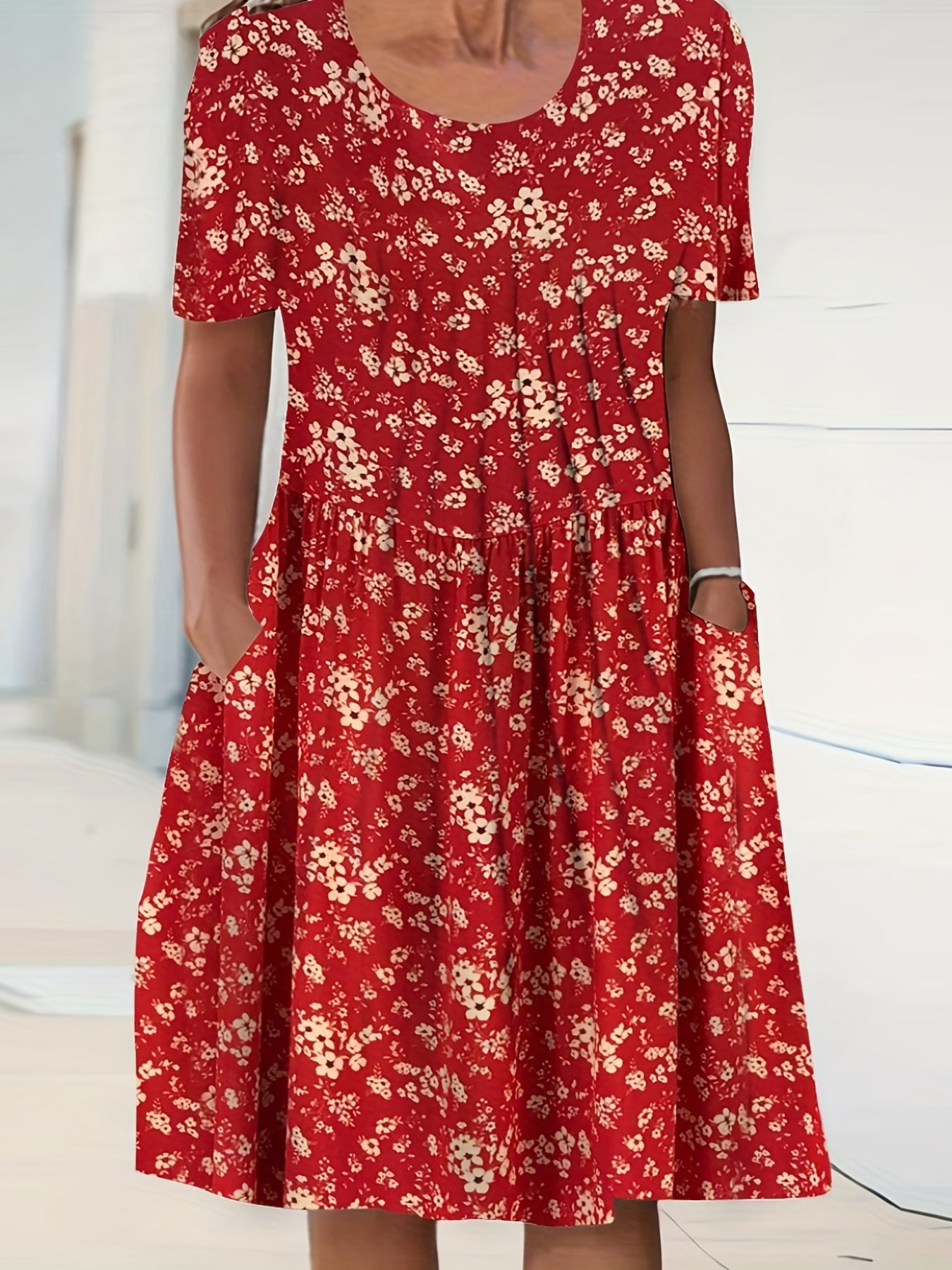  Floral Print Short Sleeve Dress With Pockets