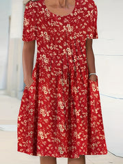  Floral Print Short Sleeve Dress With Pockets