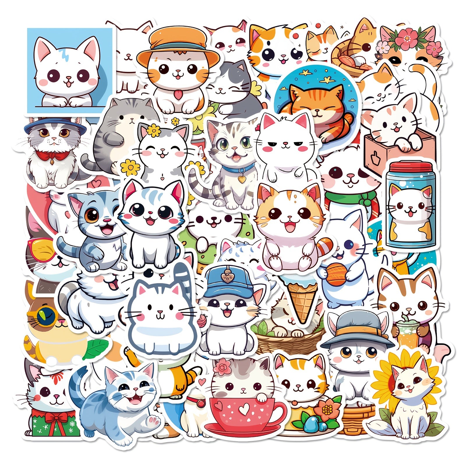 50pcs Cat Stickers Pack Waterproof Vinyl Cartoon Cat Stickers