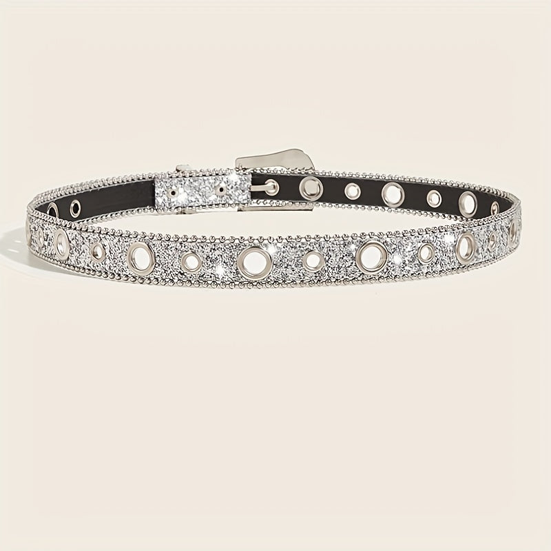 Glitter Rhinestone Belt Eyelet Pin Buckle PU Leather Belt