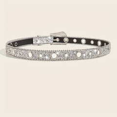 Glitter Rhinestone Belt Eyelet Pin Buckle PU Leather Belt