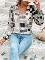  Geometric Print Tie Dye Lantern Sleeve V Neck Blouse