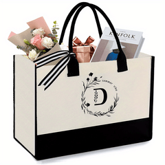 Personalized Canvas Tote Bag with Zipper Pocket Embroidered Monogram Letter D