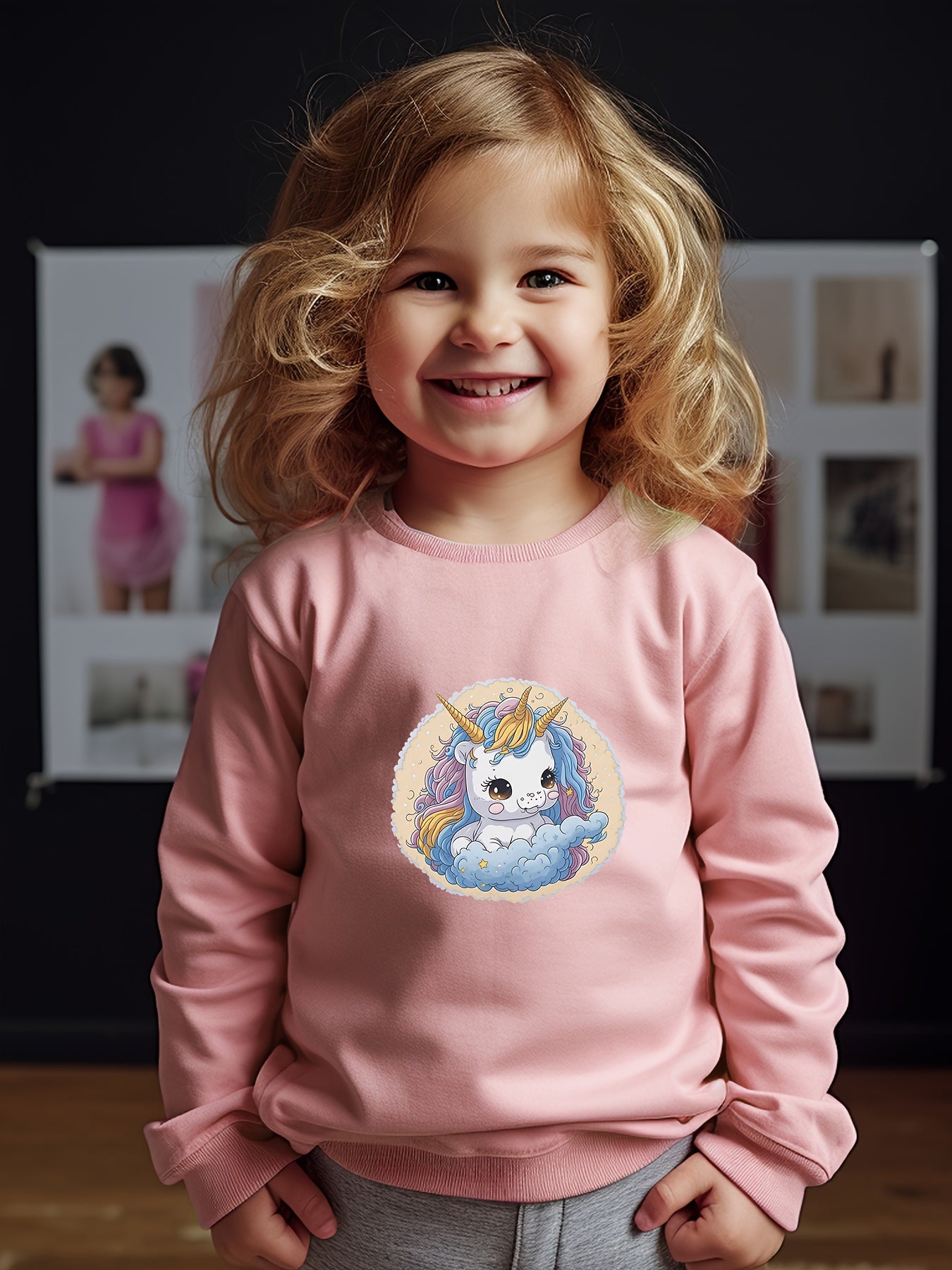 Girls Unicorn Pattern Crew Neck Sweatshirt For Spring Fall