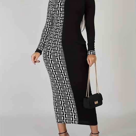  Colorblock Geometric Print Bodycon Midi Dress