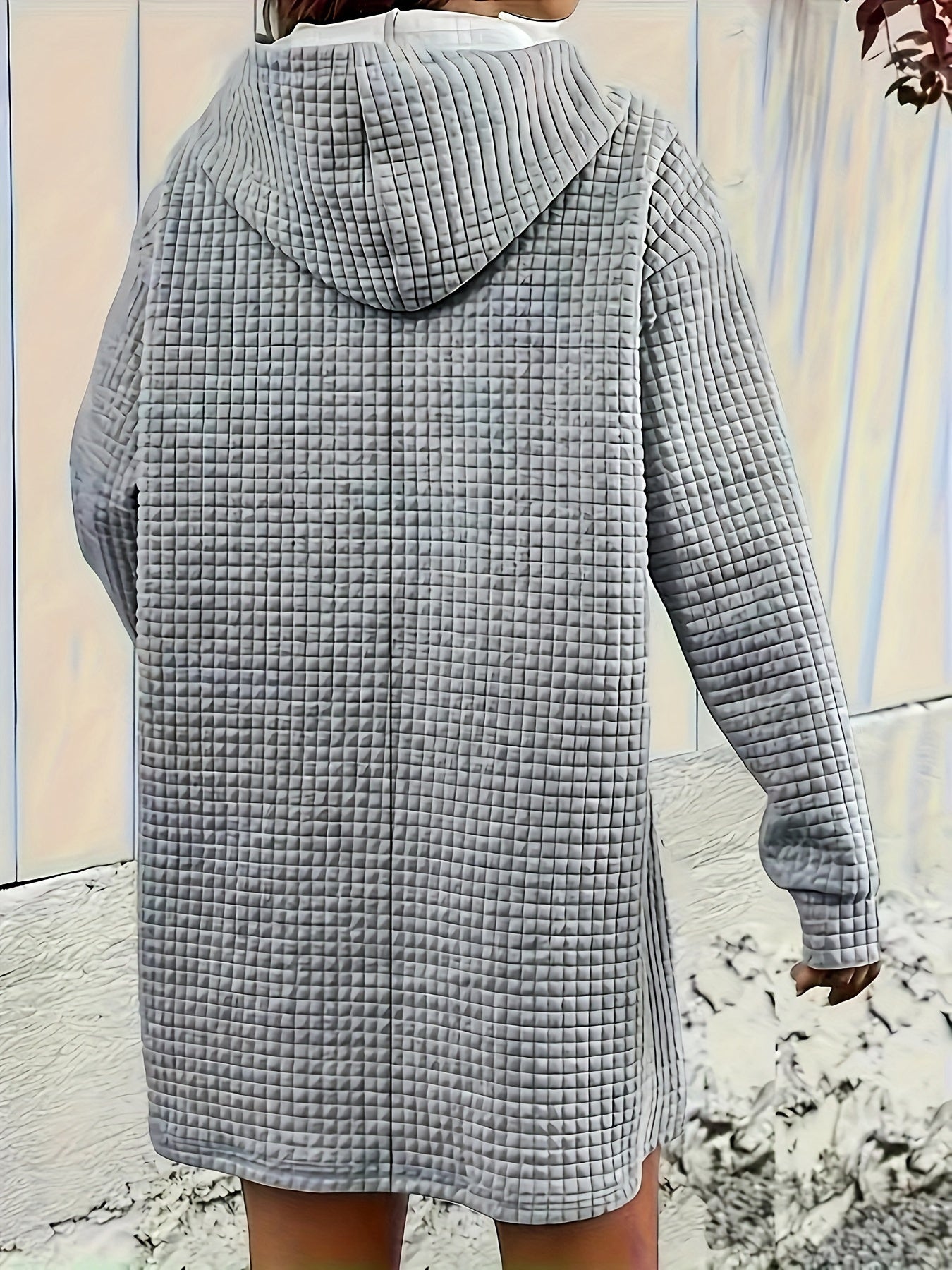  Waffle Long Sleeve Hooded Sweatshirt Dress With Pockets
