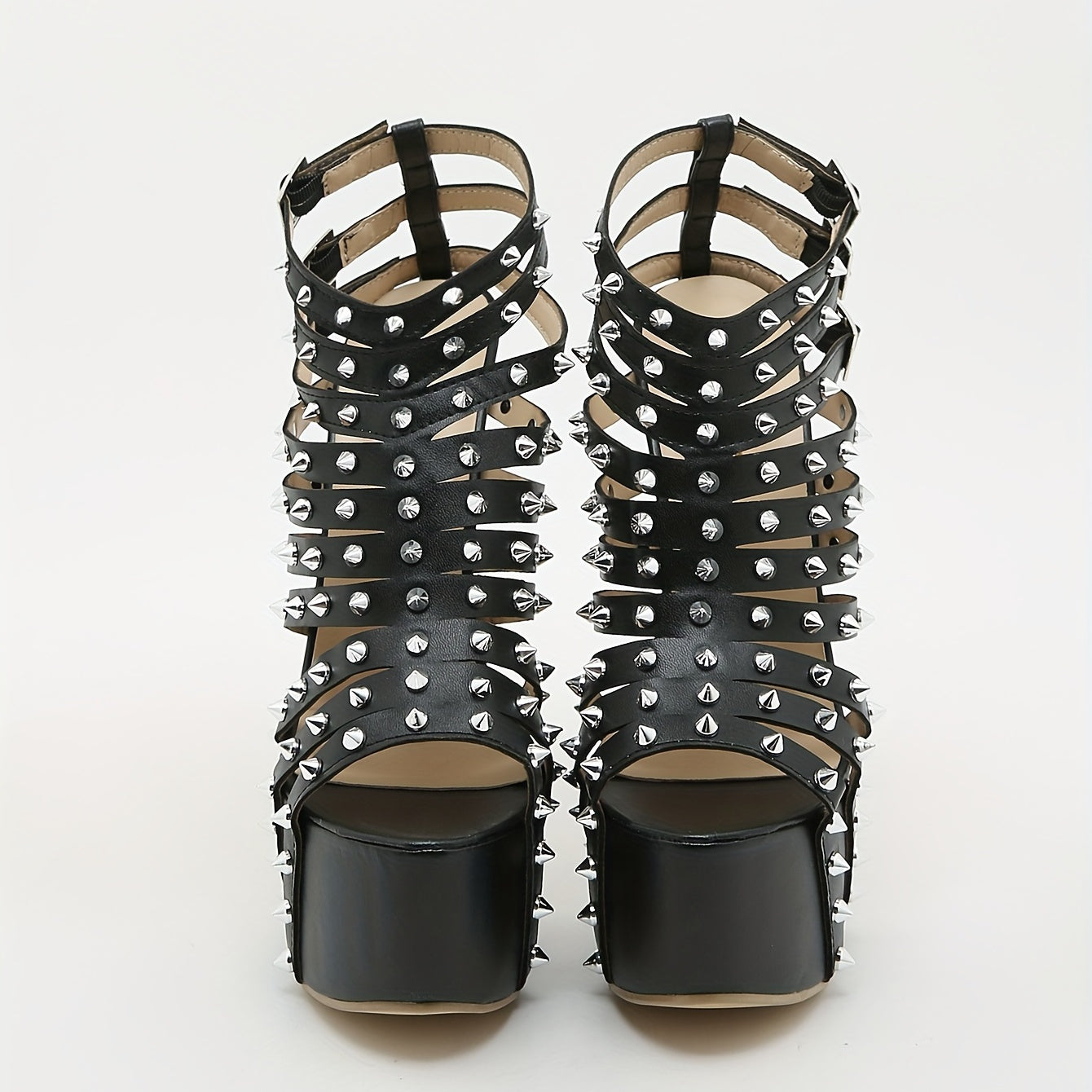 Rivets Stiletto Heels Cutout Buckle Strap Platform Pumps