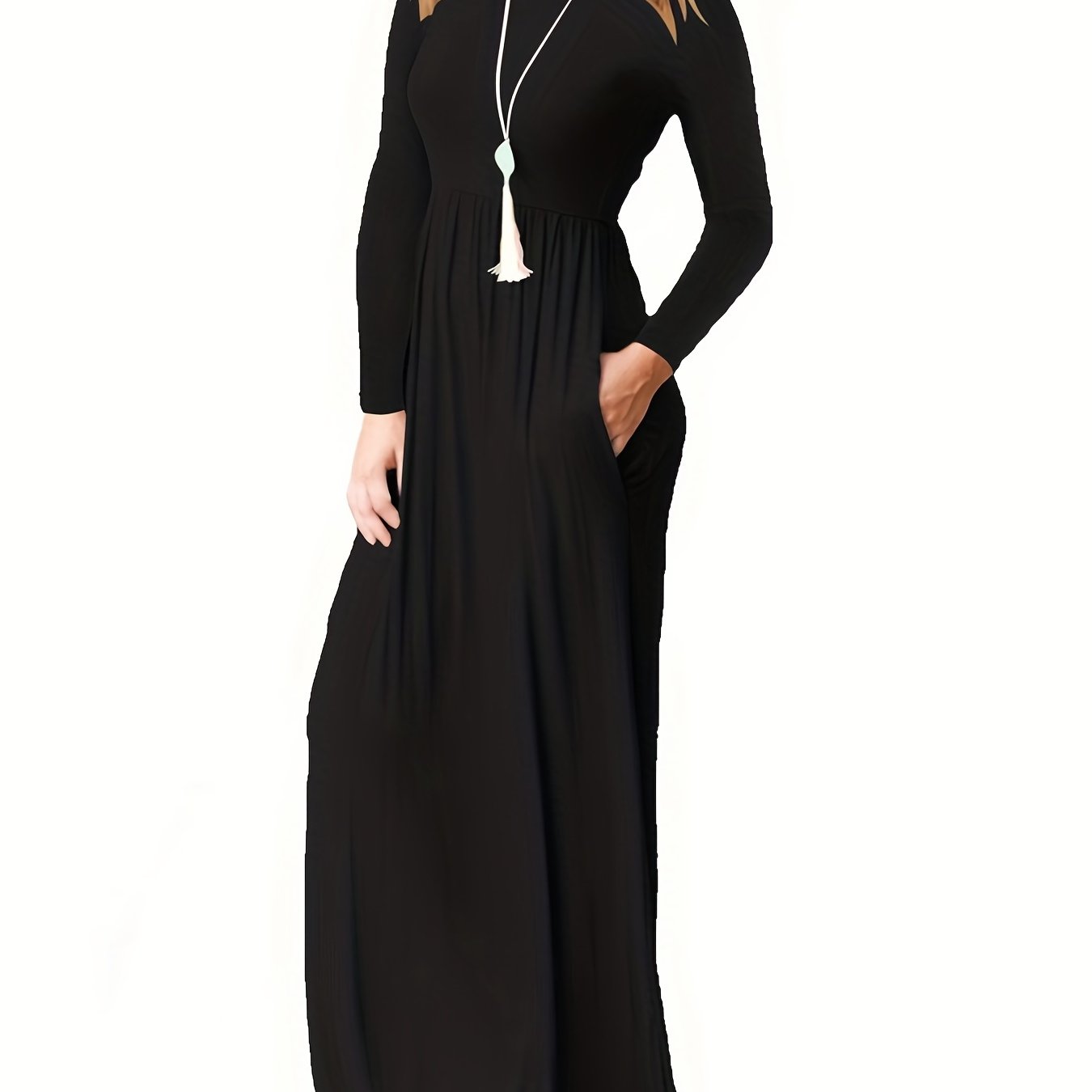  Solid Long Sleeve Maxi Dress