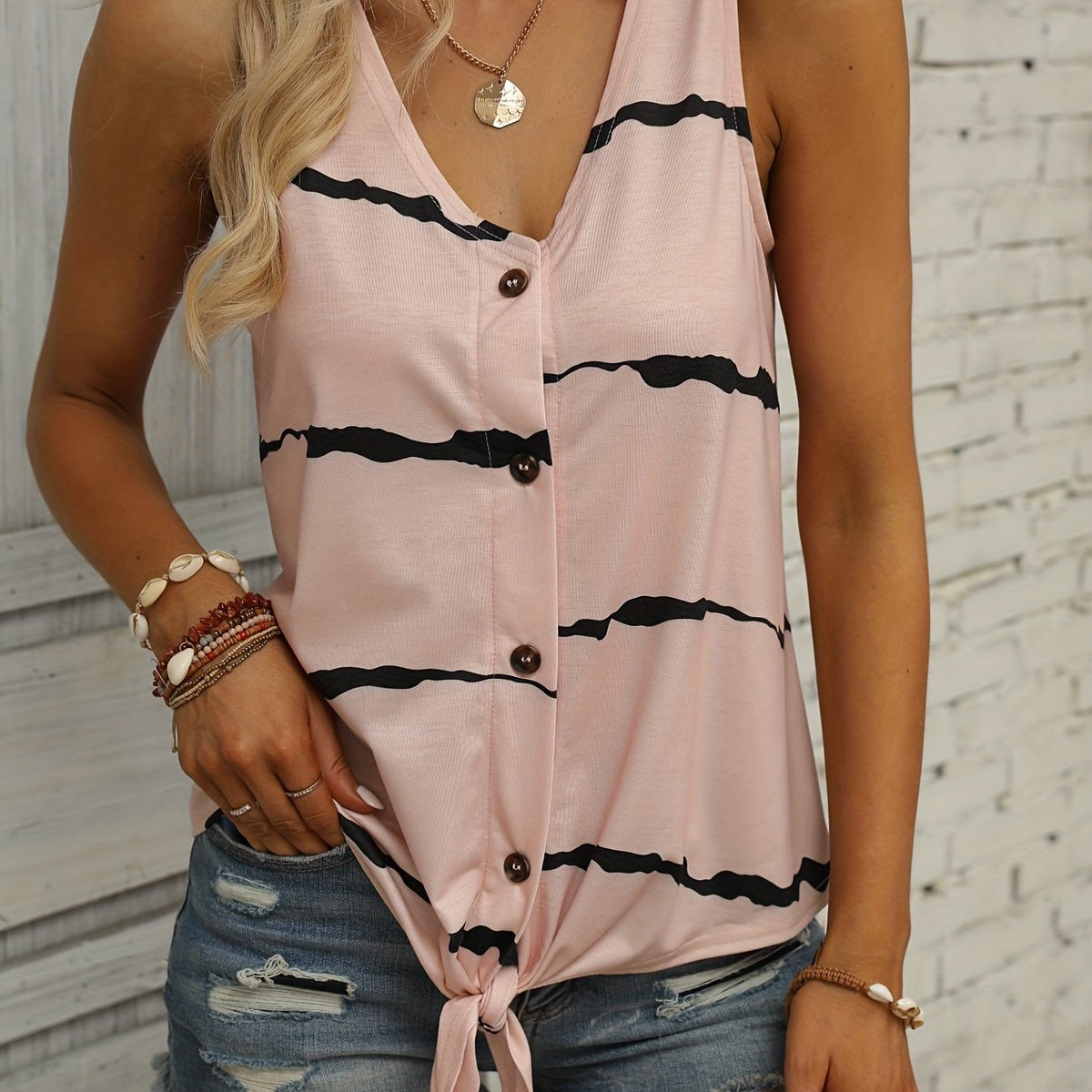 Striped Print Tank Top V Neck Sleeveless Button Front Knot Summer Tank Top