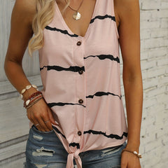 Striped Print Tank Top V Neck Sleeveless Button Front Knot Summer Tank Top