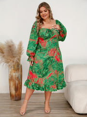 Plus Tropical Print Lantern Sleeve Square Neck Ruffle Trim Dress