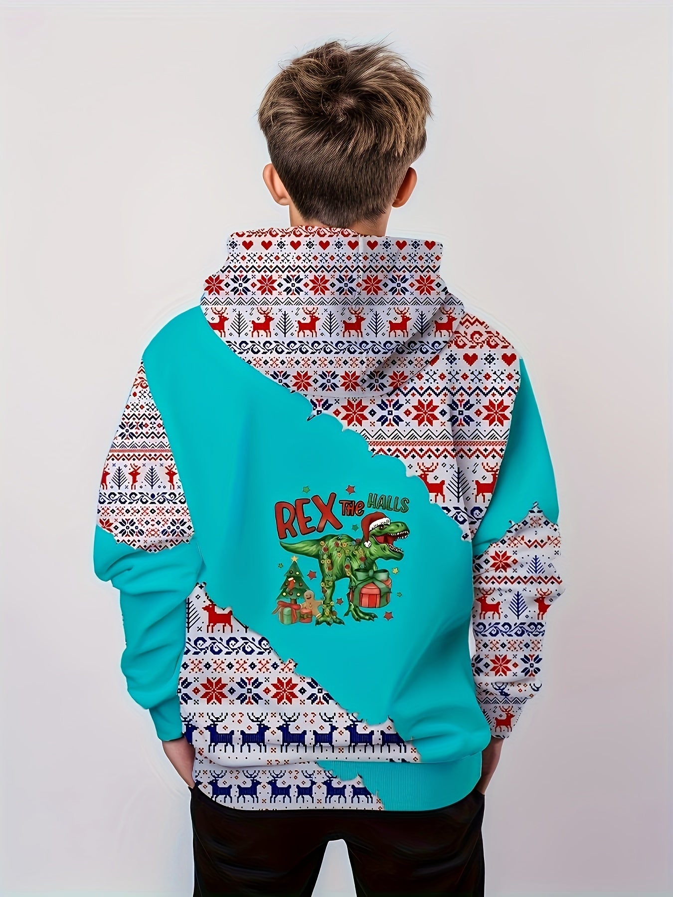 Christmas Dinosaur Print Boys Hoodie Lightweight Comfortable