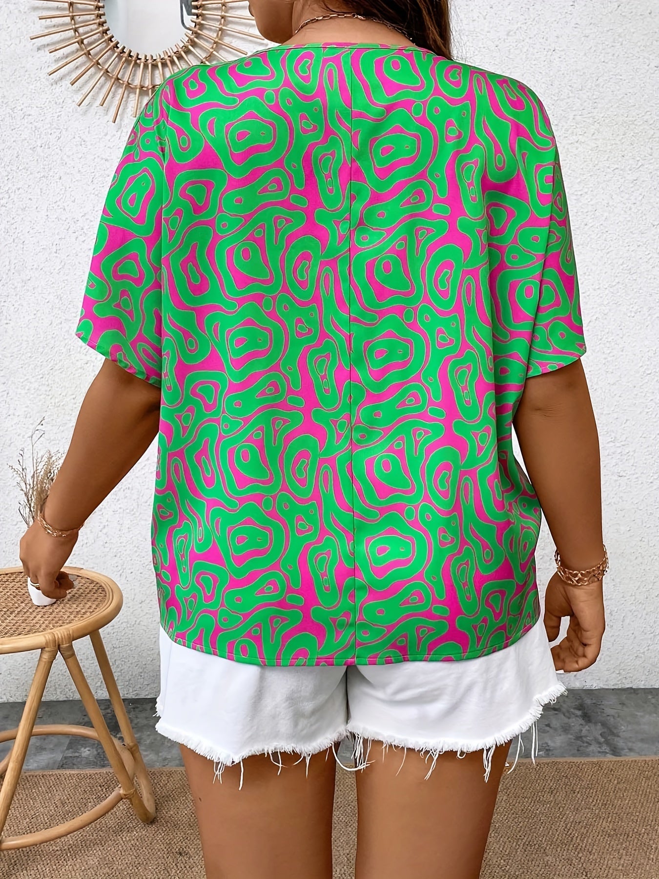  Allover Print Metal Decor V-Neck Top