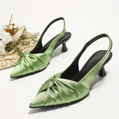 Women's Satin Kitten Heels Pointed Toe Bow Elastic Strap Slip On Low Heels