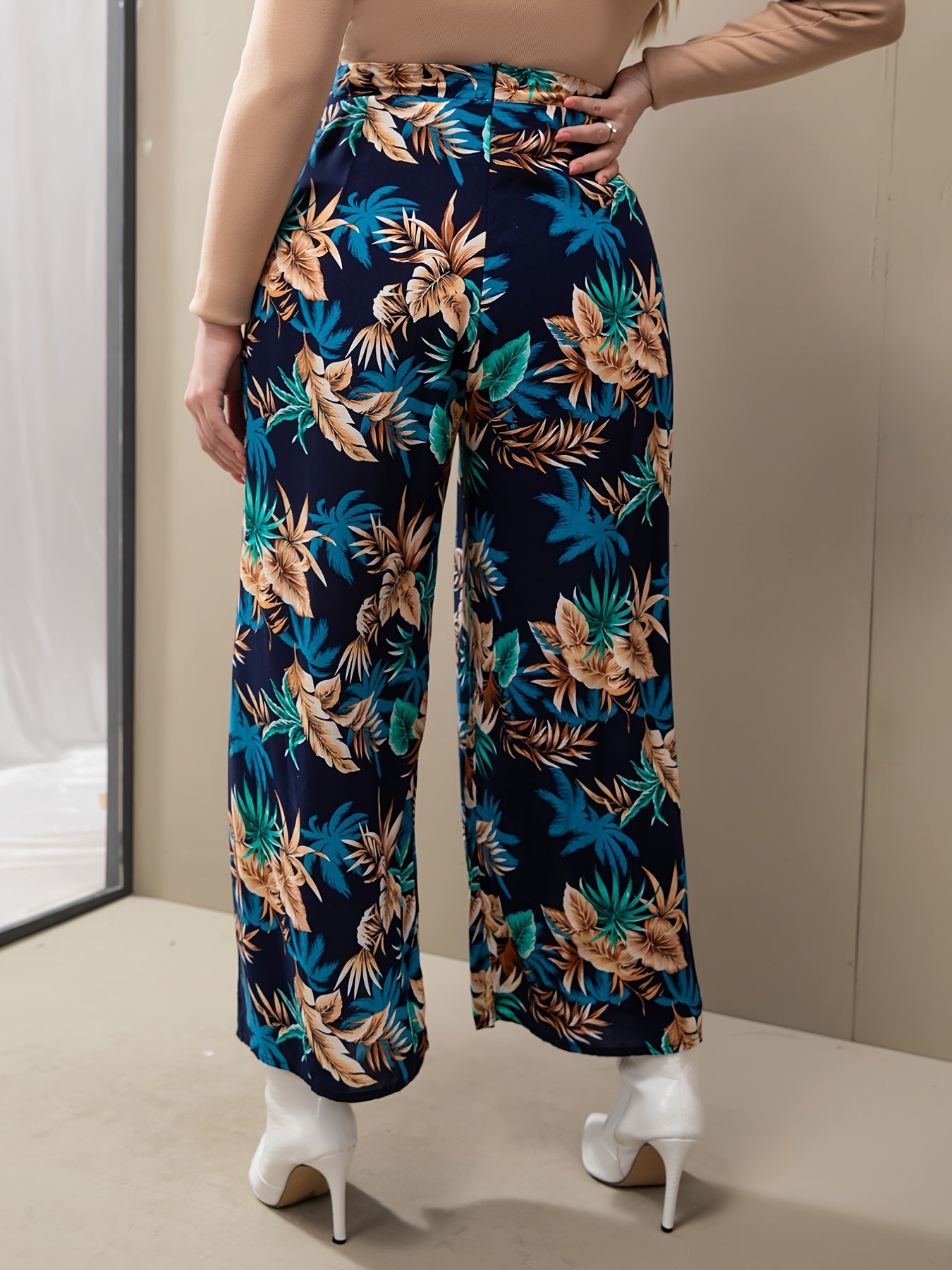 Floral Wide Leg Boot Cut Pants - Plus Size
