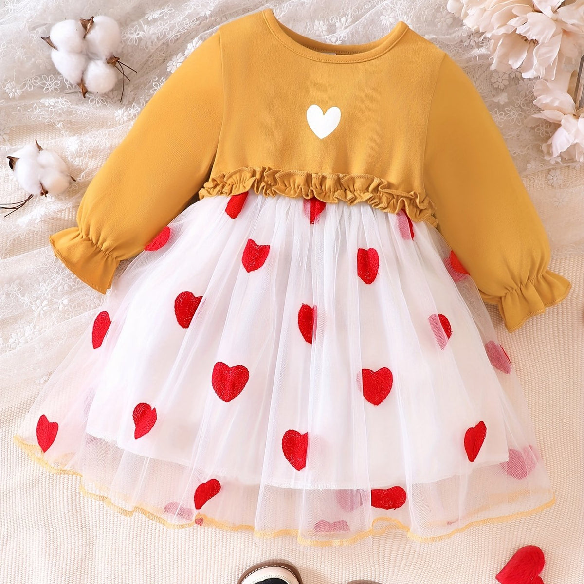 Sweet Heart Dress For Toddler Baby Girls Long Sleeve Mesh Tulle Stitching