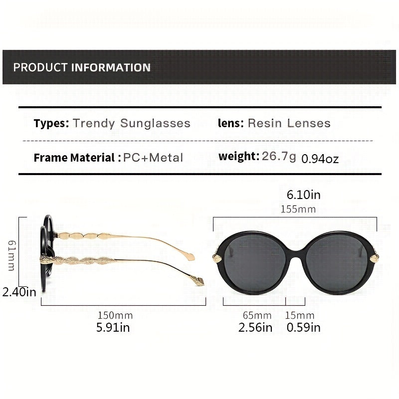 Large Round Sunglasses Metal Leaf Charm Gradient UV400
