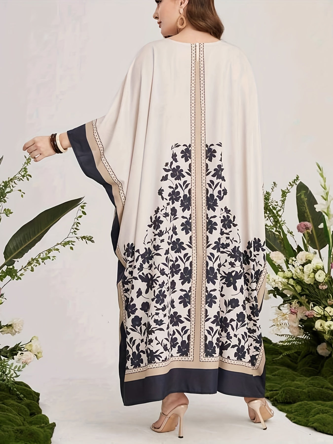  Floral Print Abaya Dress Women's Round Neck Batwing Sleeve