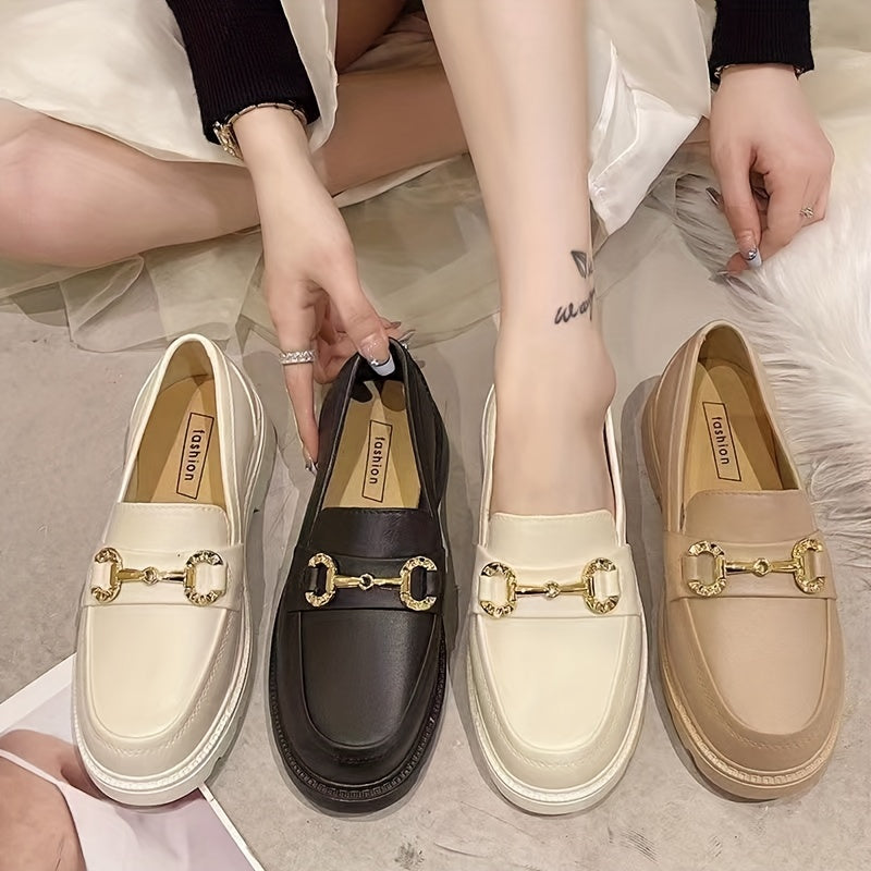 Women's Platform Loafers Slip On Shoes Retro Buckle Decor