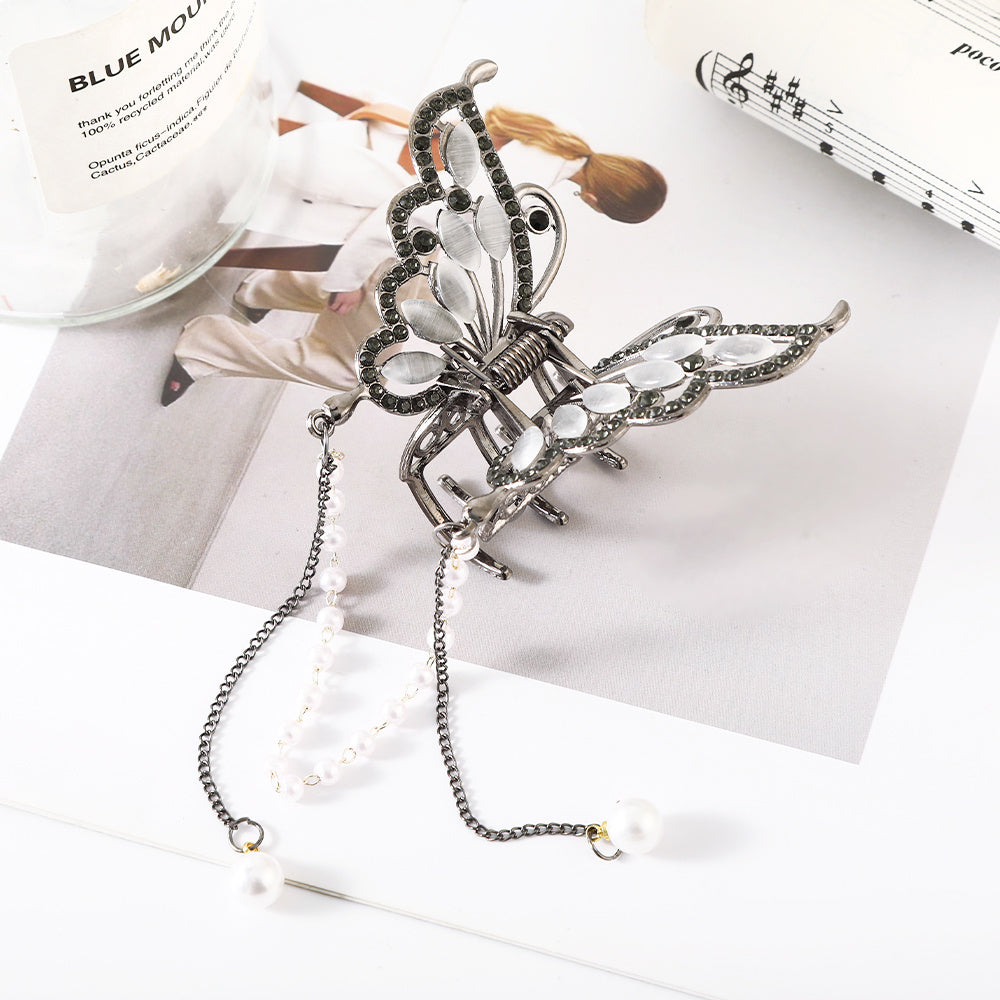 Butterfly Rhinestone Hair Claw Clip with Tassel - Golden