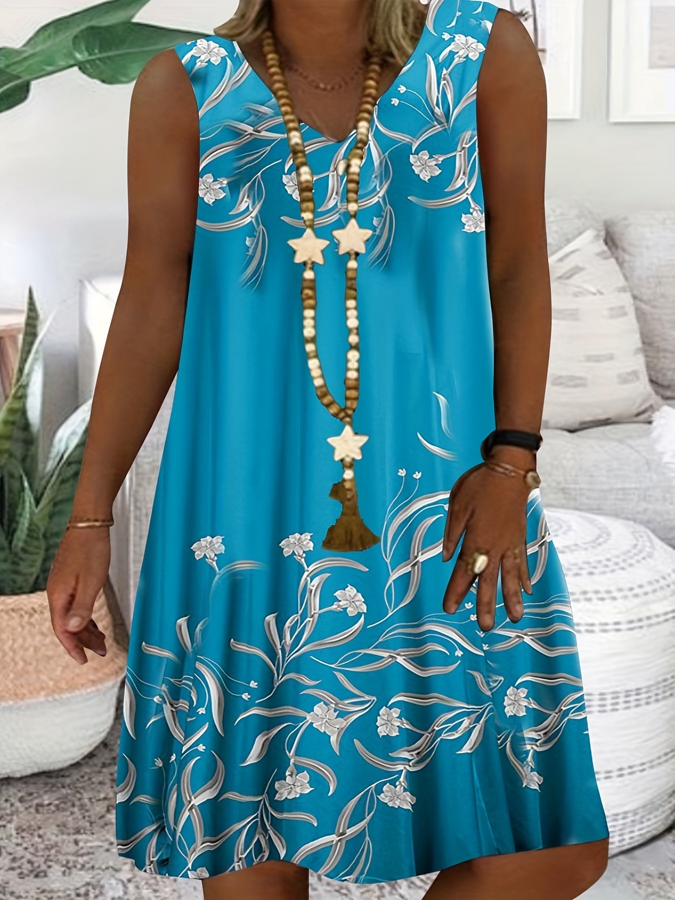  Floral Print V Neck Tank Dress